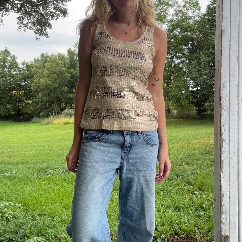 Vintage Y2K Younique Two-Tone Gold Sequin Striped Racerback Tank Top Size Large